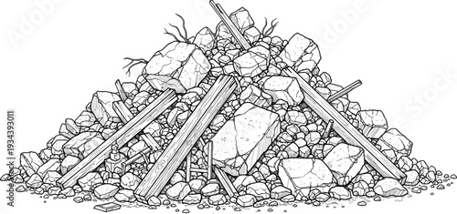 Black and white line art illustration of a large pile of rubble and debris with rocks and wooden planks for construction or disaster concepts