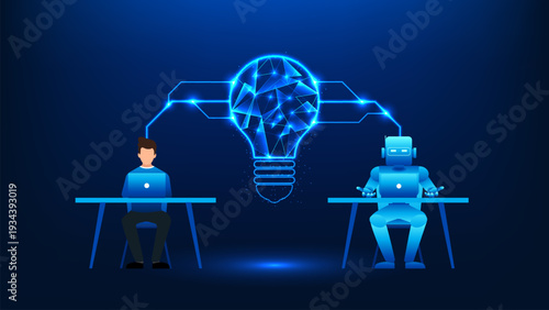 Artificial intelligence technology business and robot with a connected brain and glowing light bulb, symbolizing AI-powered collaboration, smart assistance, problem solving, idea generation