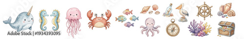 Watercolor sea nursery icons. Octopus, ship wheel, bottle, compass, treasure Collection of Vector illustrations. Perfect for invitation, card, poster, banner, decoration