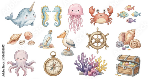 Cute ocean clipart set. Narwhal, seahorses, jellyfish, crab coral shells png Collection of Vector illustrations. Perfect for invitation, card, poster, banner, decoration