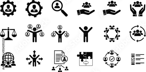 Business and human resources icon set featuring recruitment leadership teamwork management professional career development skills and corporate organizational structure symbols for web and print.