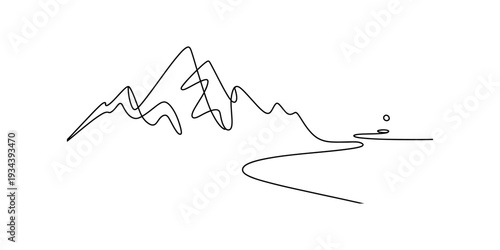 A simple continuous line art drawing of a mountain range with a winding river flowing away from it on a white background. Vector, illustration