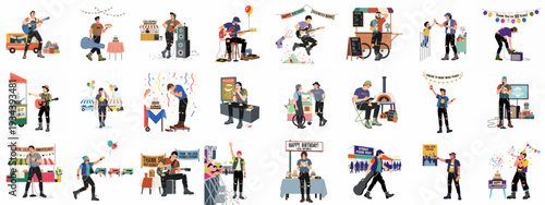 Dynamic illustrations of local community celebrations: young men enjoying street food, live music, birthdays, and business anniversaries with festive cheer.