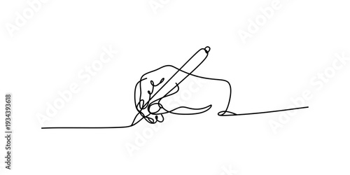 A minimalist one-line drawing illustration of a hand holding a pen and writing a continuous line Vector, illustration