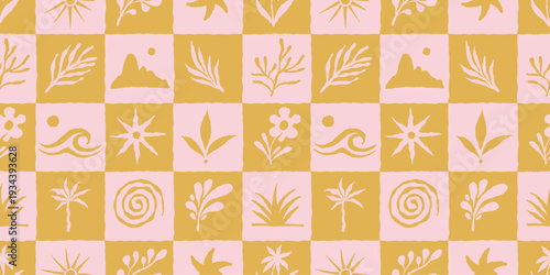 Vector hand drawn seamless pattern graphics with silhouette summer and vacation illustrations, print design template, tropical illustrations, frames and borders in simple trendy naive cut out style 