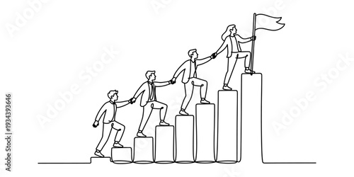 Continuous line art drawing of business people collaborating and helping each other climb steps towards success Vector, illustration