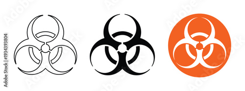 Biohazard symbol icon set, isolated on transparent background, vector illustration in solid black, outline, and colored versions, representing hazardous materials, infectious substances, and safety 