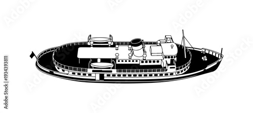 Black and white illustration of cargo ship, industrial vessel, nautical icon, vector graphic