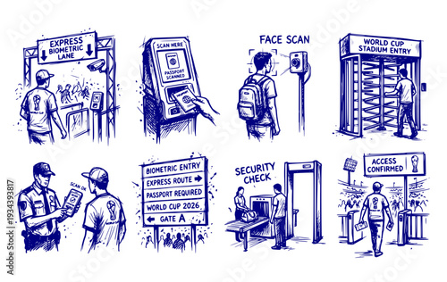 Customs Express Lane Biometric Passport Scan Stadium Entry World Cup Soccer Championship Security Checkpoint Access Control Vector Set