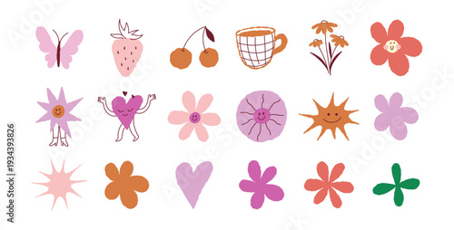 Vector hand drawn whimsical illustrations in doodle sketch style, flowers and hearts, love and floral theme, wedding cards, invitations and stationery