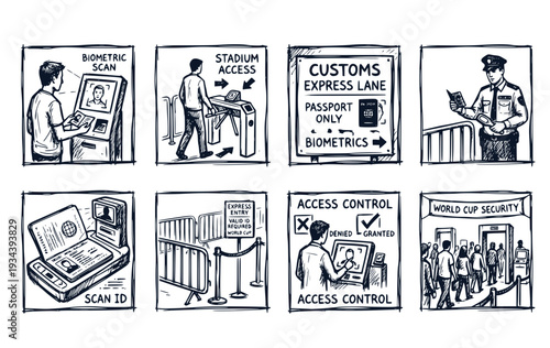 Customs Express Lane Biometric Passport Scan Stadium Entry World Cup Soccer Championship Security Checkpoint Access Control Vector Set