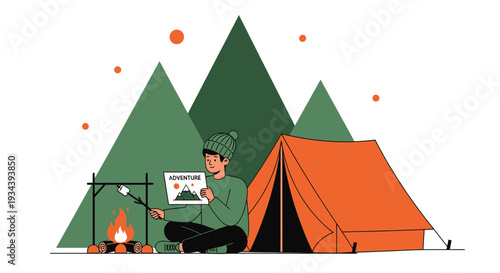 Camping Adventure: Person roasting marshmallows by campfire near tent and mountains