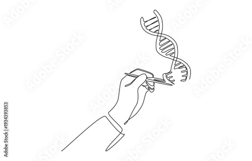 Continuous one line drawing of scientist's hand manipulating DNA double helix with tweezers, symbolizing genetic engineering, biotech innovation, or molecular science, single line art.