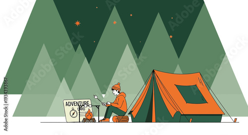 Camping Adventure: Man Roasting Marshmallows by Tent Under Starry Mountain Sky