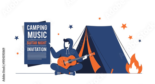 Camping Music Guitar Night Invitation: Man Playing Guitar by Tent