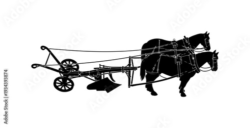 Black horse, horse-drawn, vintage plow, farming vector