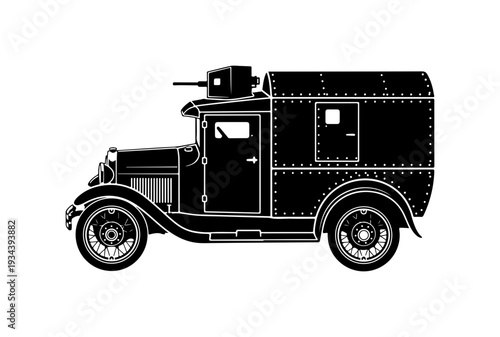 Vintage police car, black and white illustration, law enforcement vehicle, retro style