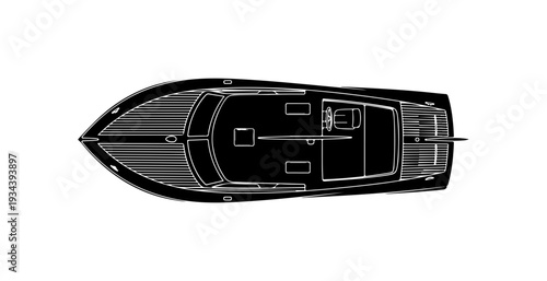 Boat, speedboat, motorboat, top view, vector illustration, black and white, nautical design