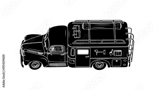 Campervan, RV, motorhome, vehicle, travel trailer, black and white, vector illustration