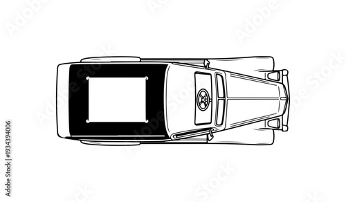 Overhead view, vector illustration of television, flat screen TV, black and white