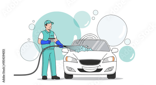 Car Wash Service: Man Cleaning White Car with Hose and Soap Bubbles
