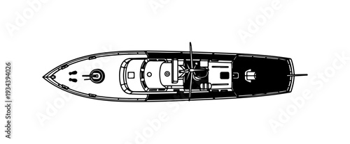 Luxury yacht, boat deck plan, nautical vector, sailing vessel layout