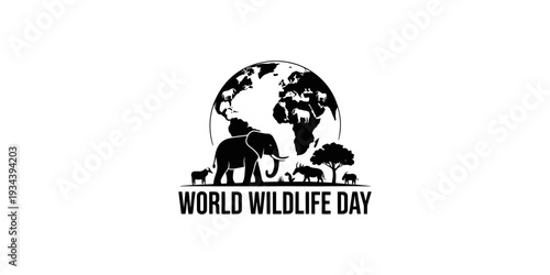 A black and white graphic design celebrating world wildlife day with animal silhouettes and a globe background Vector, illustration