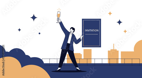 Celebration Invitation: Person toasting with champagne, cityscape background, stars