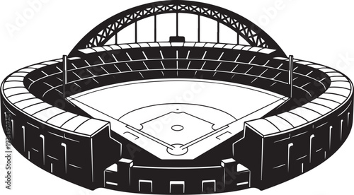 Black and White Illustration of a Baseball Stadium Aerial View