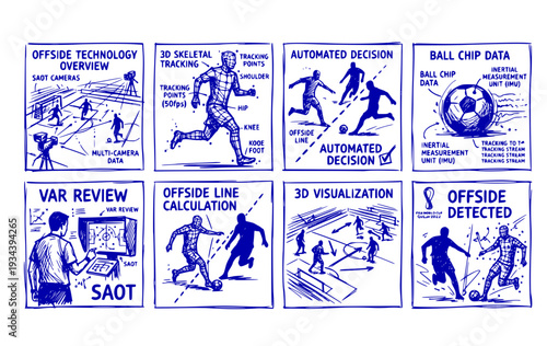 Automated Offside Generic Player Silhouette Wireframe Tracking Points World Cup Soccer Championship Technology System Officiating Vector Set