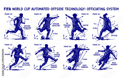 Automated Offside Generic Player Silhouette Wireframe Tracking Points World Cup Soccer Championship Technology System Officiating Vector Set