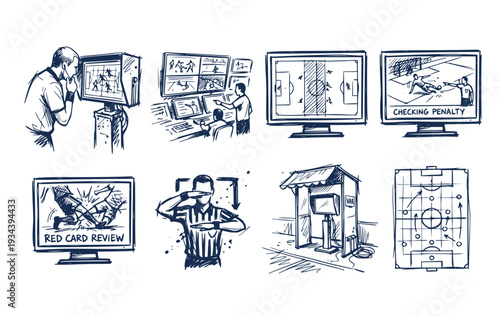 VAR Monitor Pitch-Side Screen Generic Field Grid World Cup Soccer Championship Technology System Video Assistant Referee Vector Set