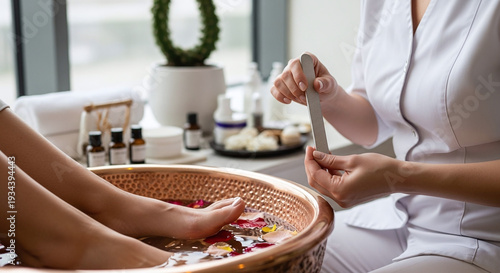 Close-up of a woman receiving a relaxing pedicure at a spa, with her feet soaking in a bowl of water and flower petals, while a nail technician files her toenails with care