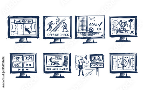 VAR Monitor Pitch-Side Screen Generic Field Grid World Cup Soccer Championship Technology System Video Assistant Referee Vector Set