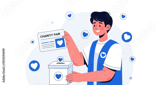 Charity Fair Donation - Man Donating to Collection Box with Hearts