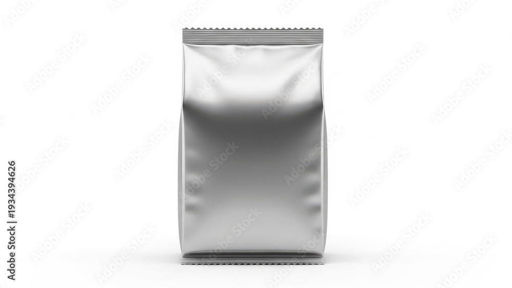 Fototapeta premium Sleek silver foil pouch standing upright showcasing modern packaging design and material versatility