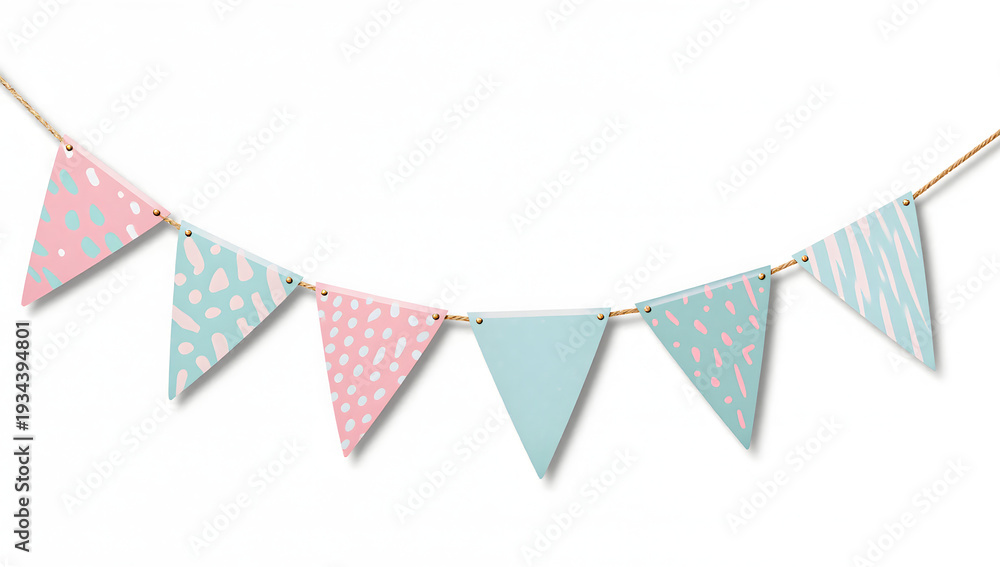 Fototapeta premium Pastel Garland Celebration: A festive garland of pastel-colored pennant flags, each adorned with playful patterns, hangs in cheerful arrangement, bringing a touch of whimsy and joy to any celebration.