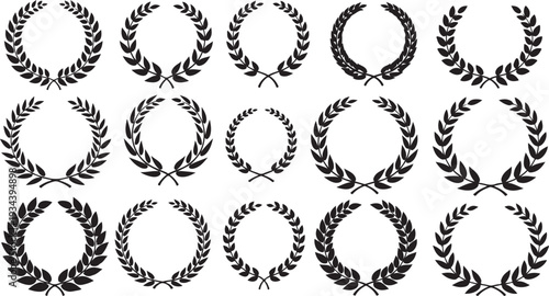 Collection of various black laurel wreath designs isolated white