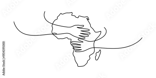 A continuous line drawing of hands embracing the continent of africa, symbolizing unity and care Vector, illustration