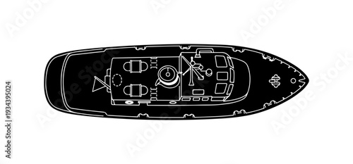 Boat deck plan, yacht layout, nautical blueprint, black and white vector
