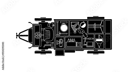 Motorhome Floor Plan, RV Layout, Camper Interior, Black and White Vector