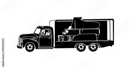 Black truck, piano transport, moving truck, cargo vehicle