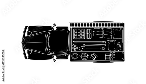 Car, garage, tools, black, vector illustration, automotive repair, maintenance
