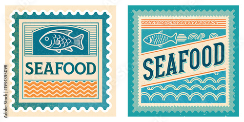 A 1960s maritime-themed stamp featuring a stylized blue fish. Screen-printed texture, overlapping colors, Seafood in bold sans-serif.