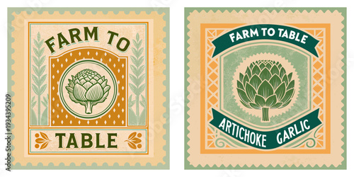 A botanical stamp of an artichoke and garlic, hand-drawn 90s illustration style, cream-colored aged paper, Farm to Table text.