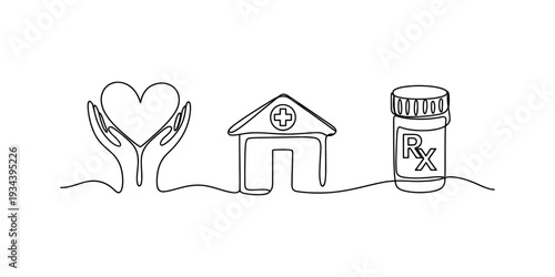Continuous line art illustration showing hands holding a heart, a hospital building, and a prescription bottle Vector, illustration