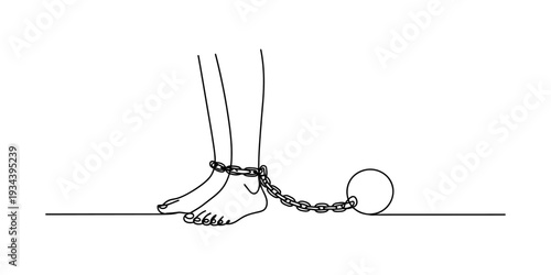 A simple line drawing of a person's ankles shackled to a heavy ball and chain, symbolizing constraint Vector, illustration