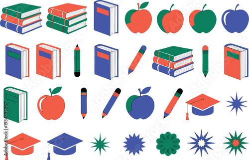 Colorful assortment of school and stationery items with graduation symbols