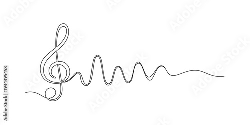 A minimalist line art illustration of a treble clef transforming into a sound wave Vector, illustration