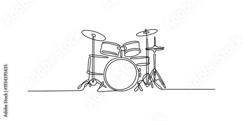 Minimalist continuous line art illustration depicting a full drum set with cymbals and stands Vector, illustration